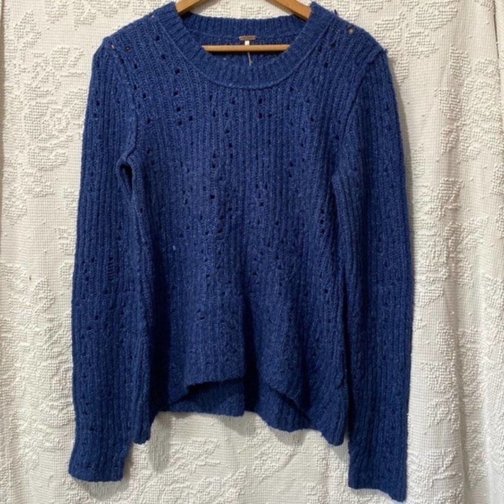 Free People Womens Size S Cobalt Blue Pointelle Eyelet Knit Long Sleeve Sweater - Picture 2 of 10